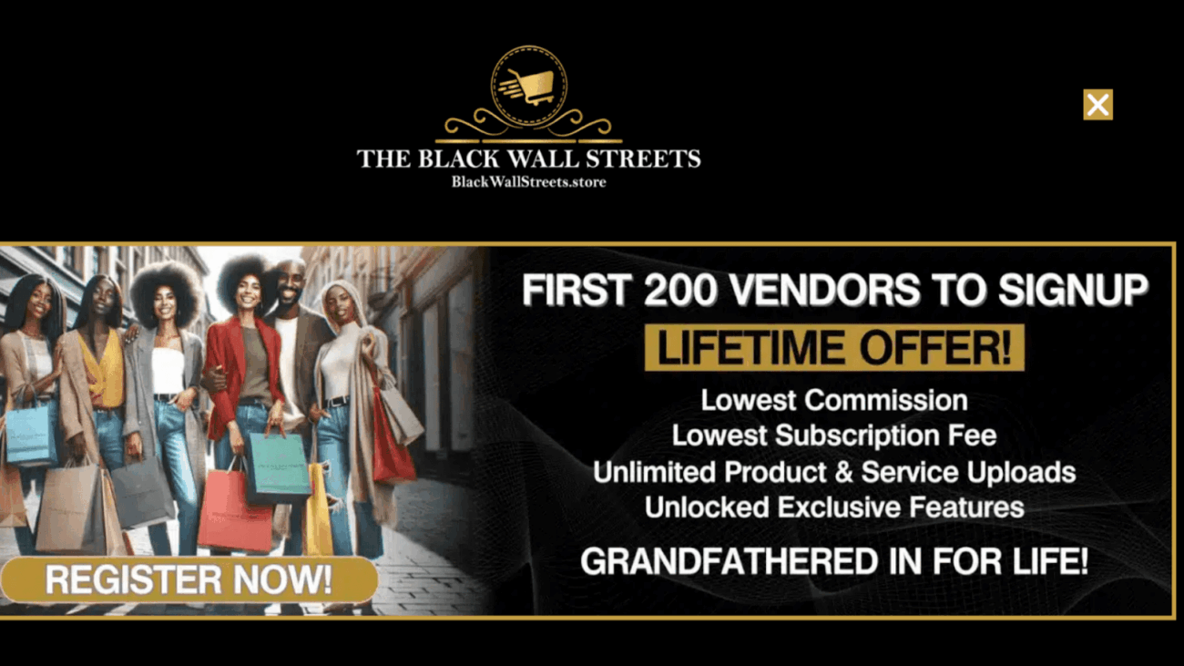 Black Wall Street website promoting a lifetime offer for the first 200 vendors, highlighting exclusive launch benefits.