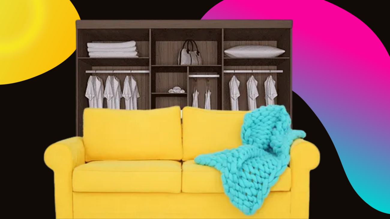 A yellow couch adorned with a blue and a yellow blanket, creating a cozy and inviting living space.