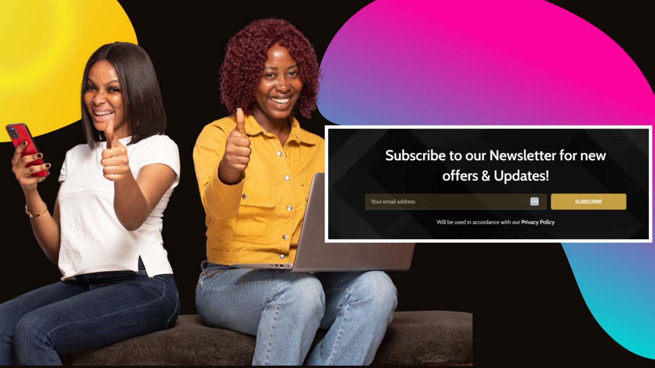 Two women sitting on a couch, smiling and giving thumbs up, promoting community support for black-owned businesses.