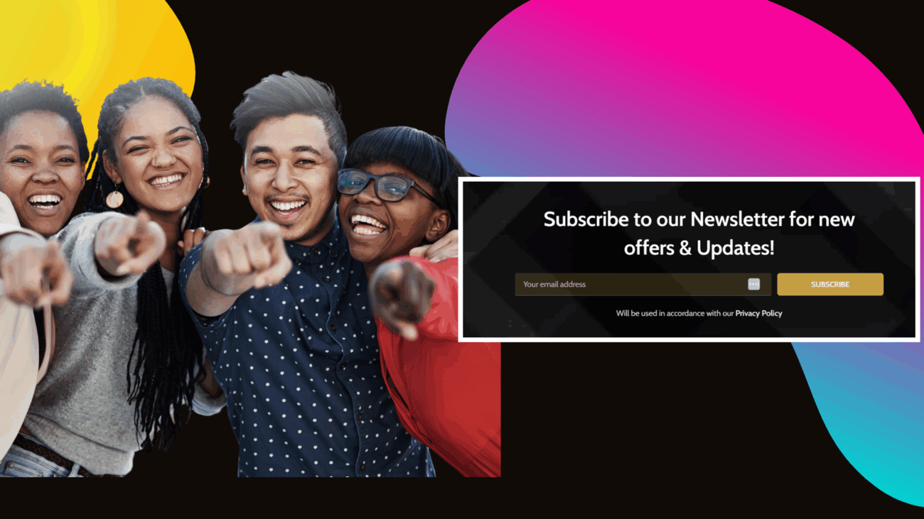 A diverse group of smiling individuals enthusiastically pointing at the camera, inviting others to join their movement.