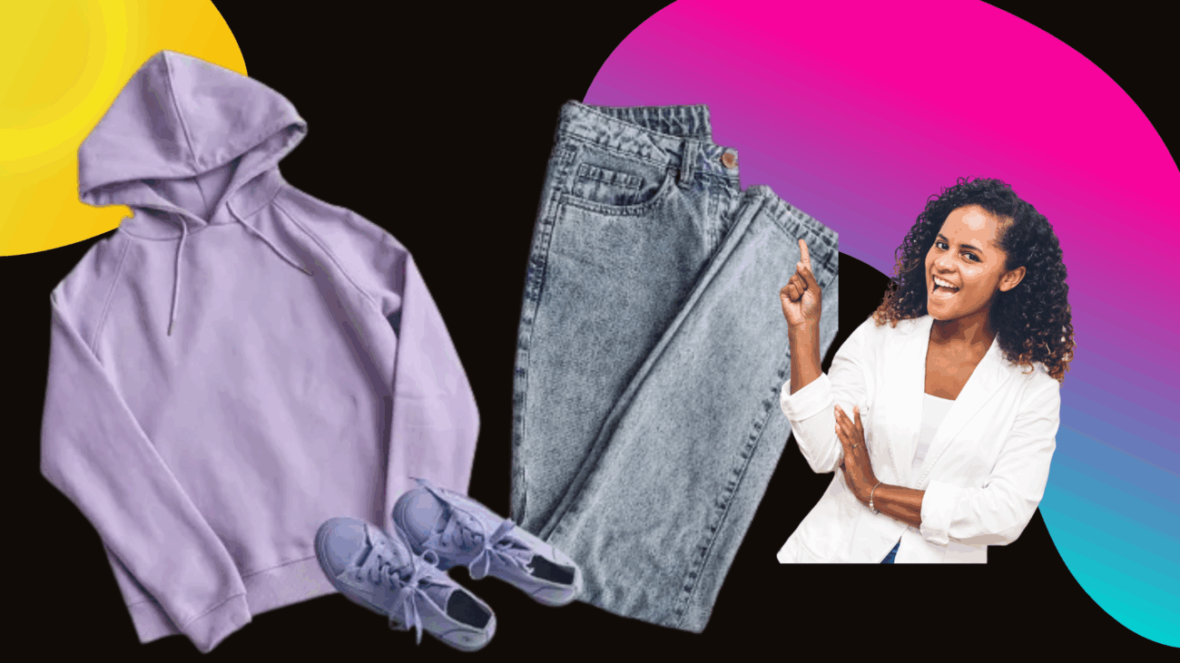 A woman in a purple hoodie, jeans, and sneakers stands confidently, embodying casual style and comfort.