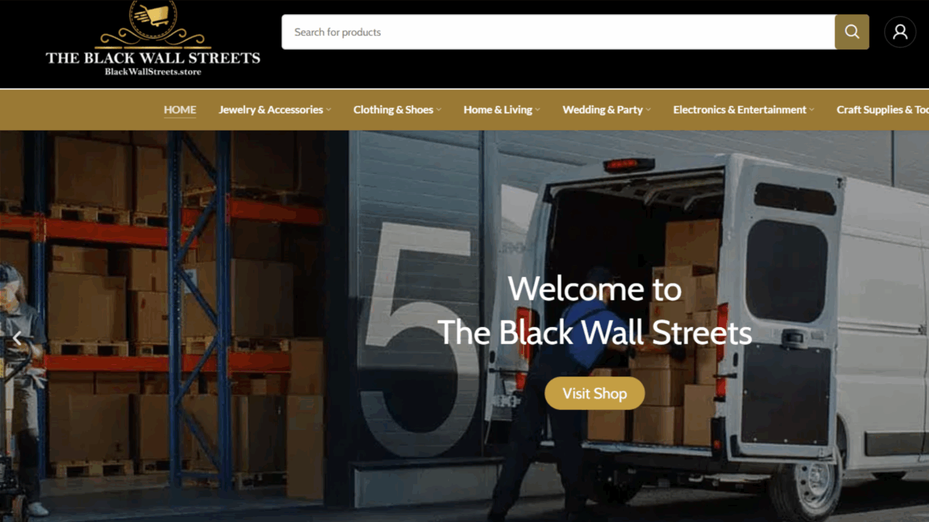 Black Wall Street website showcasing a marketplace for Black-owned brands, emphasizing trust, transparency, and community support.